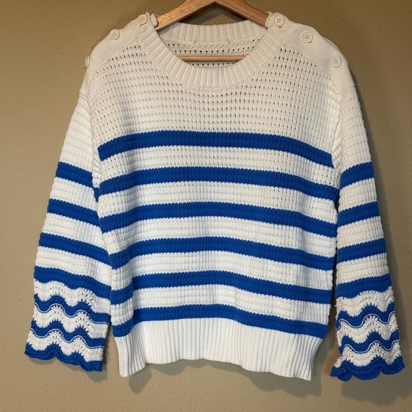 J. Crew Blue White Textured Striped Nautical Cotton Knit Pullover Sweater - Picture 2 of 10